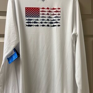 NWT SIZE XXL Columbia White and Red Long Sleeve Tee with Fish Flag Design